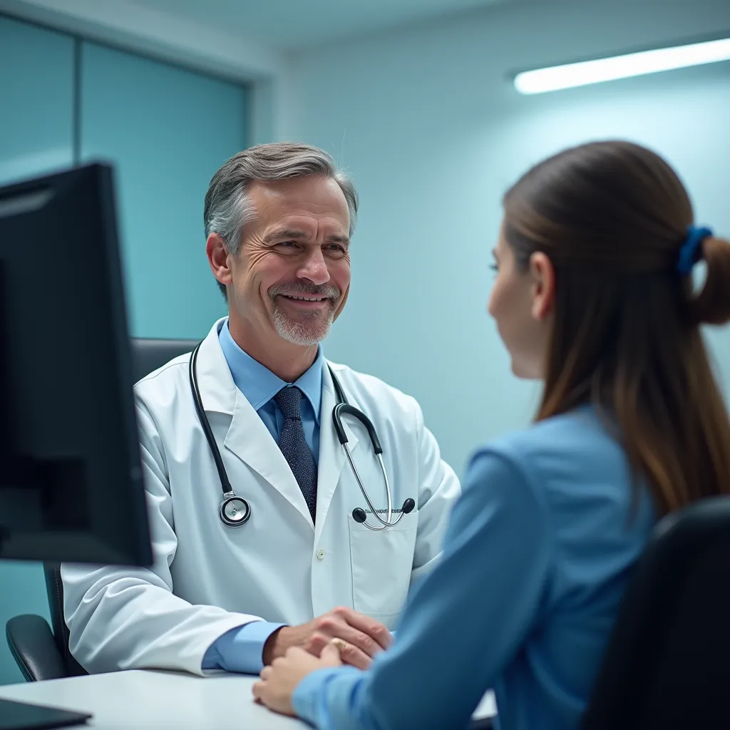 Editorial Healthcare Photography capturing a seamless medical consultation experience at a premium BPJS-affiliated hospital. A professional doctor wearing a crisp white coat and Littmann Cardiology IV stethoscope consults with a young patient in a modern examination room equipped with Philips healthcare technology.