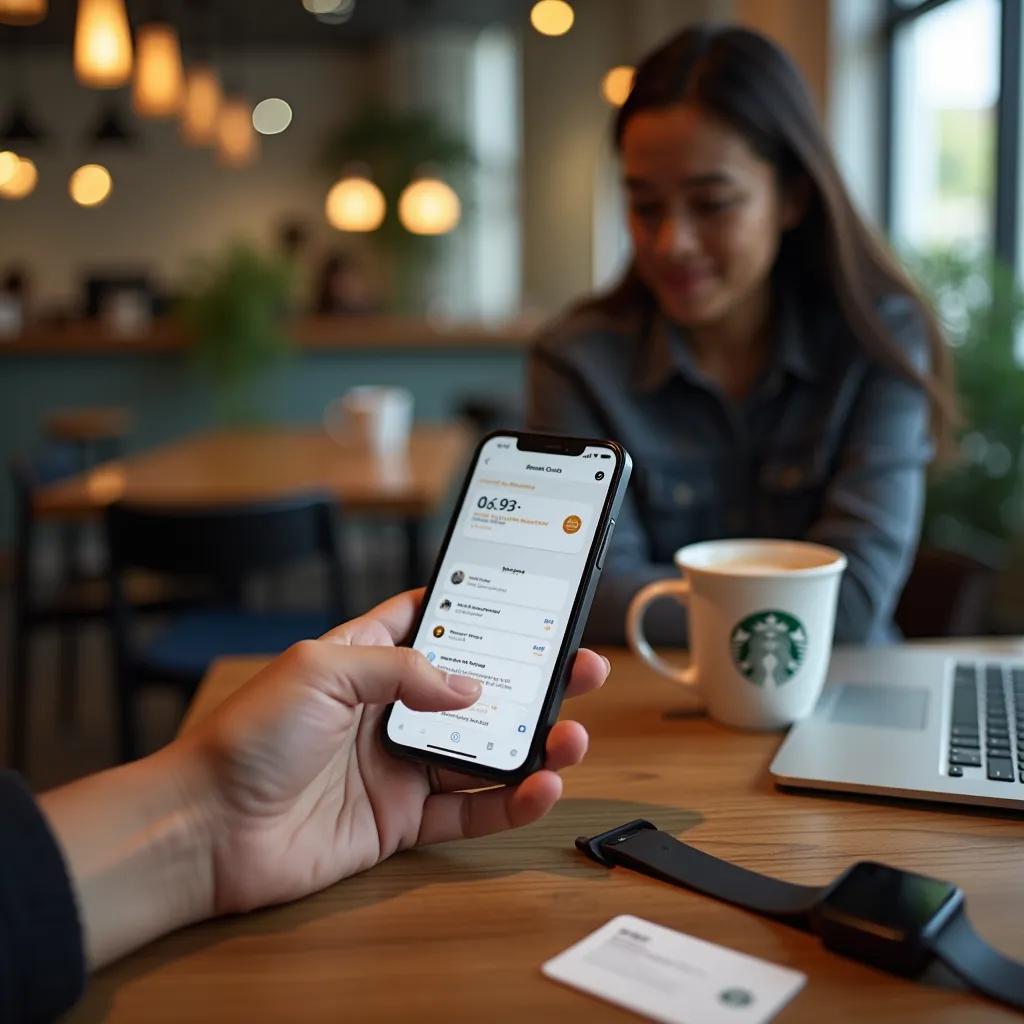 Lifestyle Tech Photography featuring a young Indonesian professional completing BPJS registration during their coffee break at a trendy café. The subject uses an iPhone 14 Pro displaying the Mobile JKN app while sitting at a wooden table with a Starbucks coffee cup and MacBook Air nearby