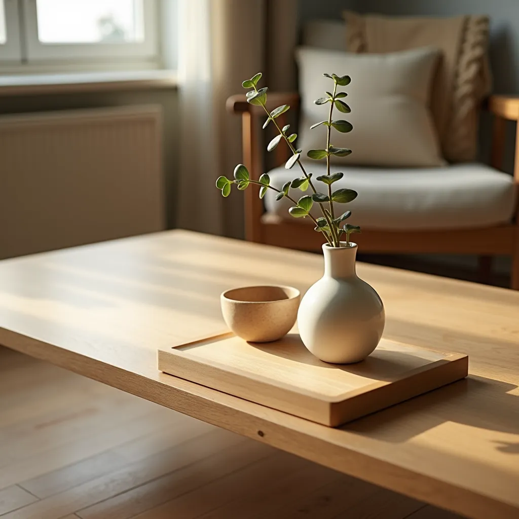 A close-up lifestyle photography of minimalist furniture details, featuring the smooth oak wood texture of a sleek Muji coffee table, paired with a simple ceramic vase and a sprig of eucalyptus