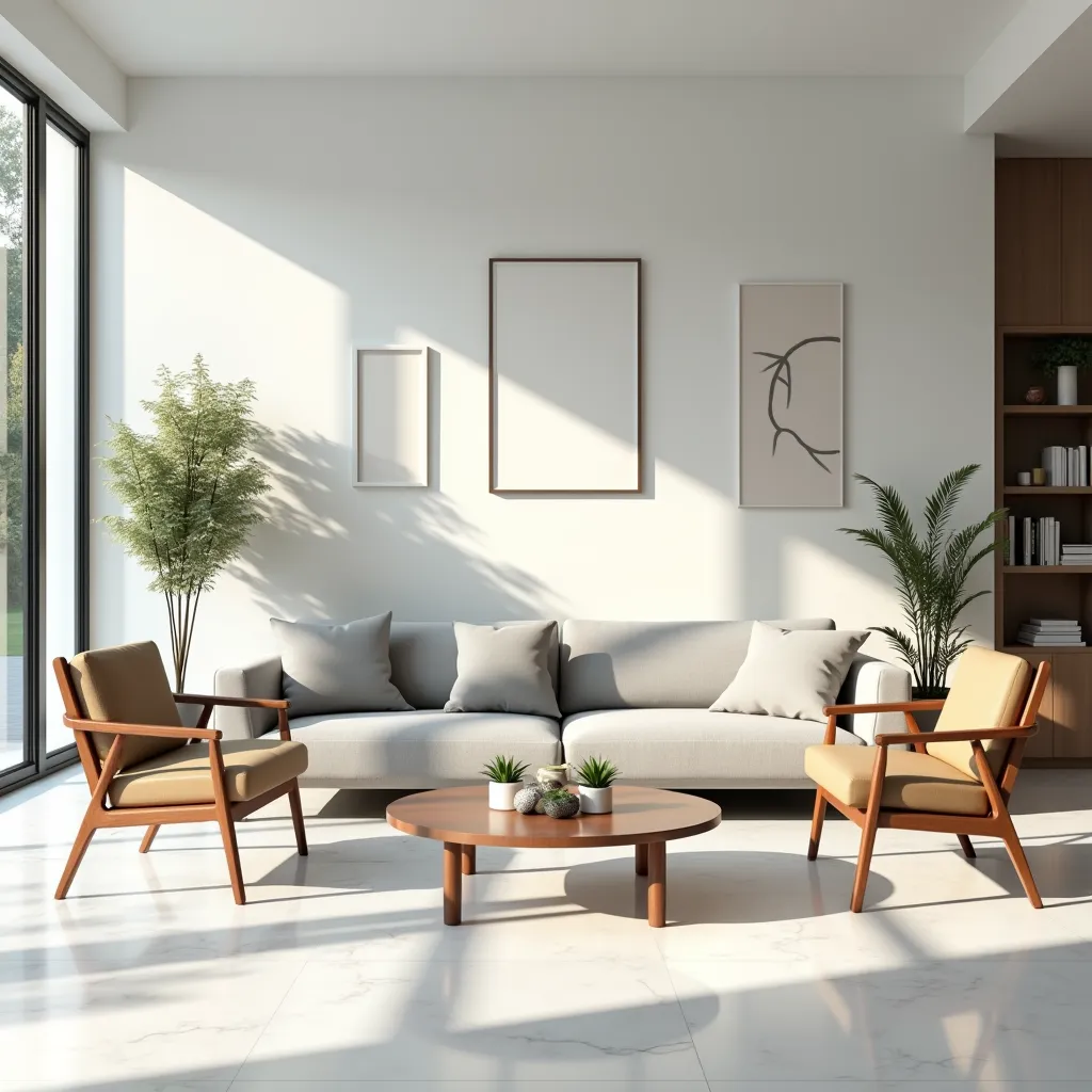 Cinematic architectural photography of a serene minimalist living room, furnished with sleek, Scandinavian-style wooden chairs and a light gray sofa by IKEA, showcasing the latest minimalist trends.