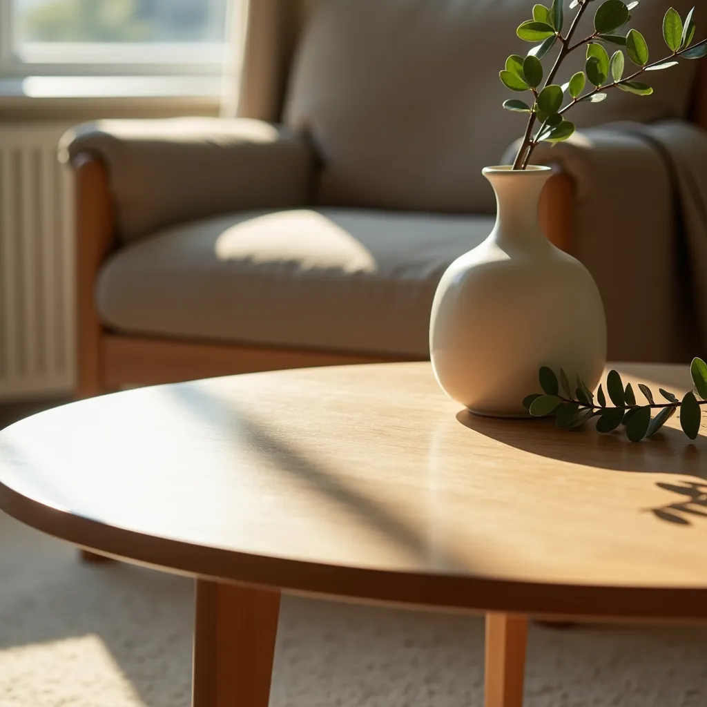 A close-up lifestyle photography of minimalist furniture details, featuring the smooth oak wood texture of a sleek Muji coffee table, paired with a simple ceramic vase and a sprig of eucalyptus