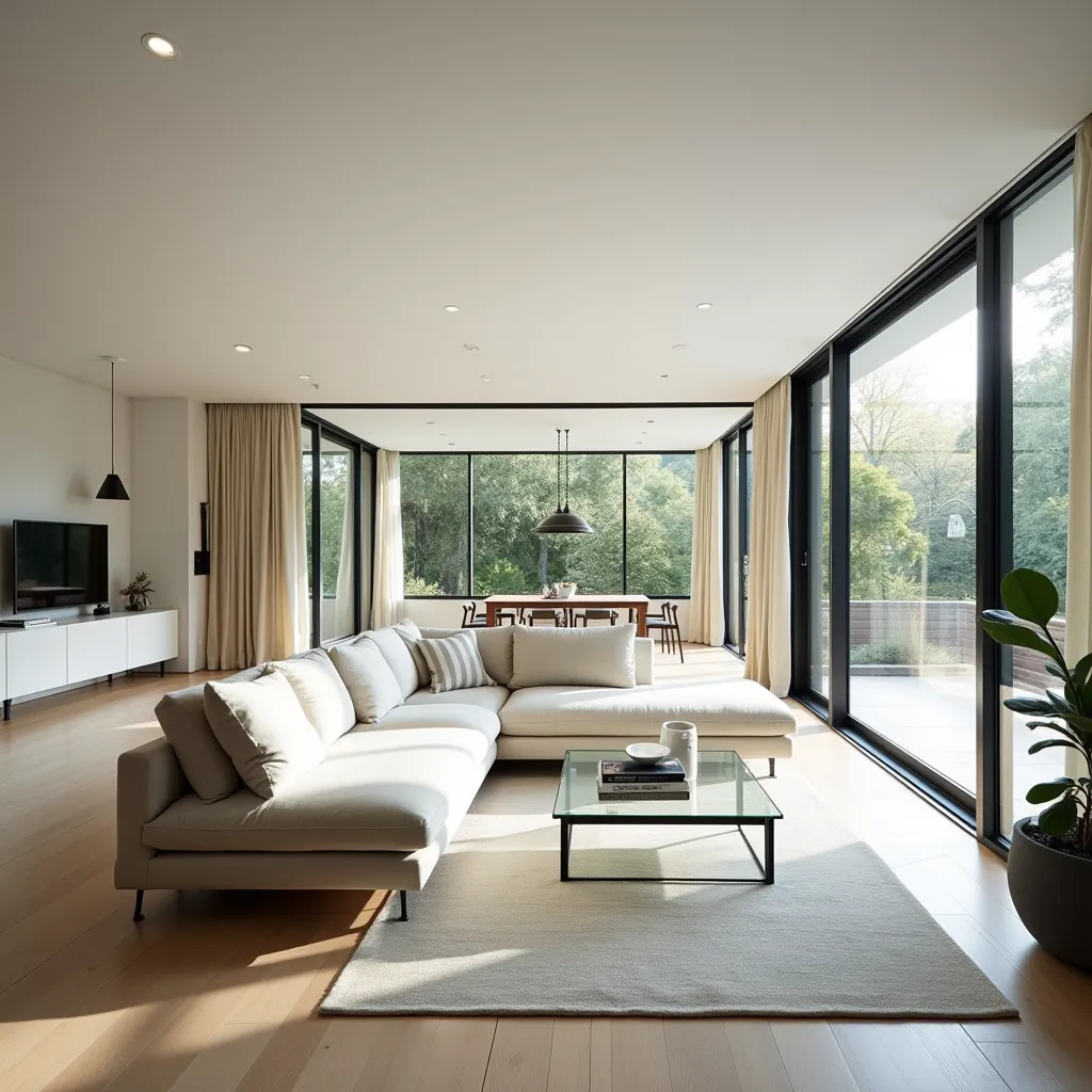 Architectural photography of a spacious, open-plan living area with large glass windows that flood the space with natural light. A neutral-toned sofa by IKEA sits near a glass coffee table, creating a bright, airy feel