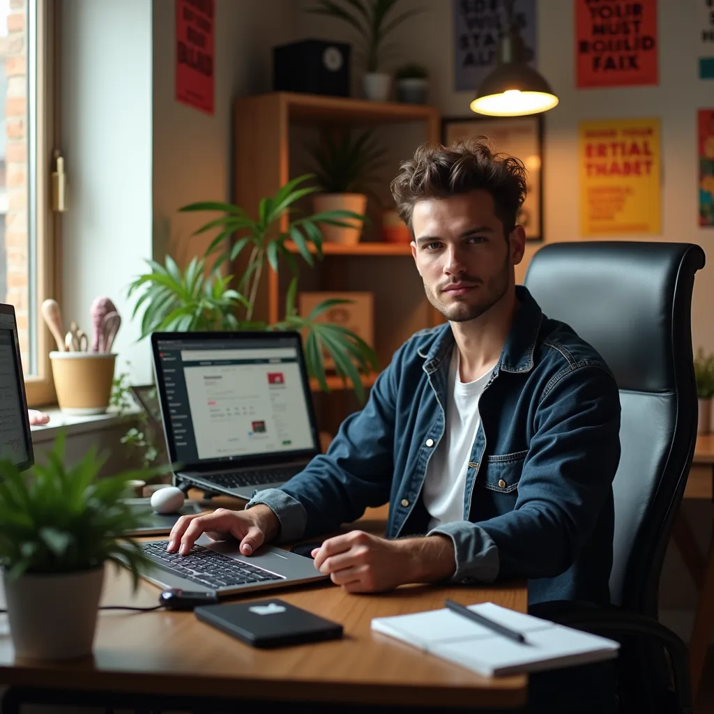 Environmental portrait of a confident freelancer in their home office, surrounded by multiple devices showcasing different side hustle opportunities