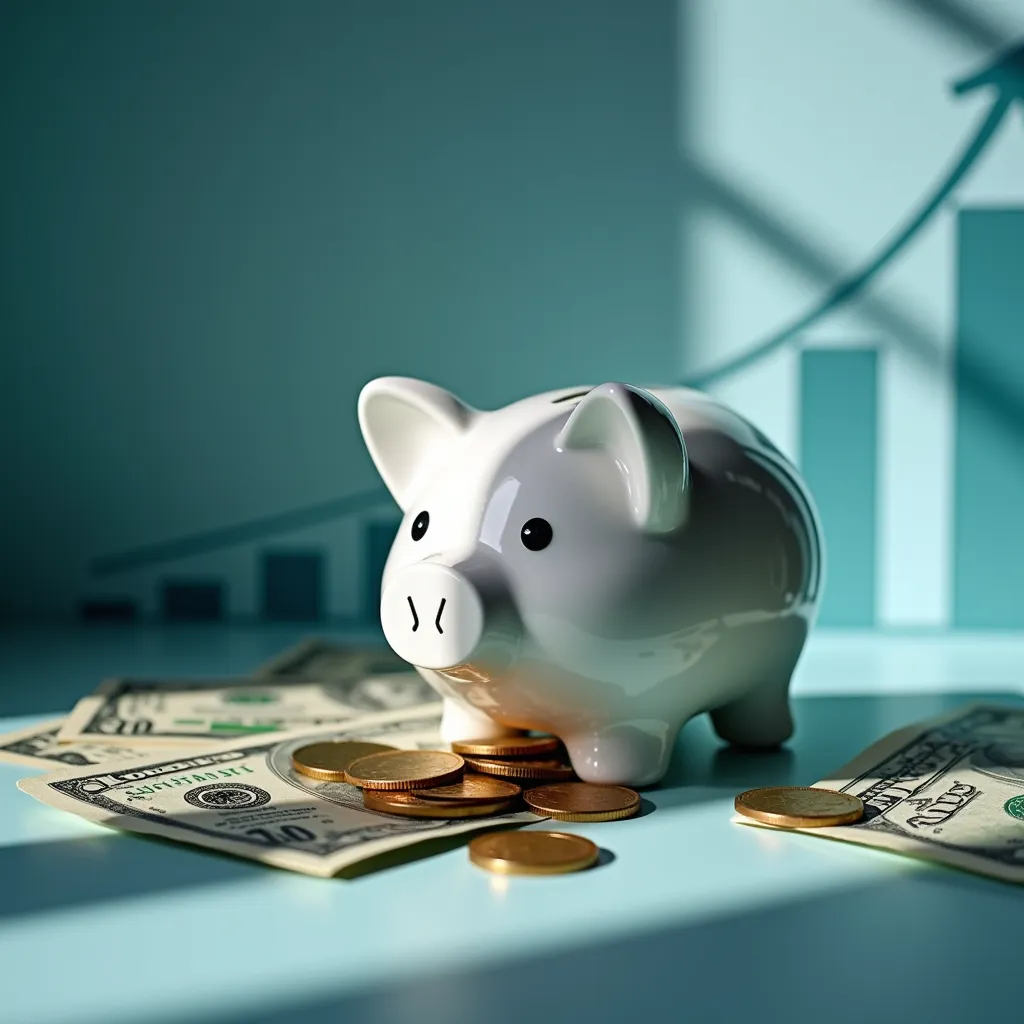 Product photography of a modern piggy bank or money jar, partially filled with coins and surrounded by various denominations of currency